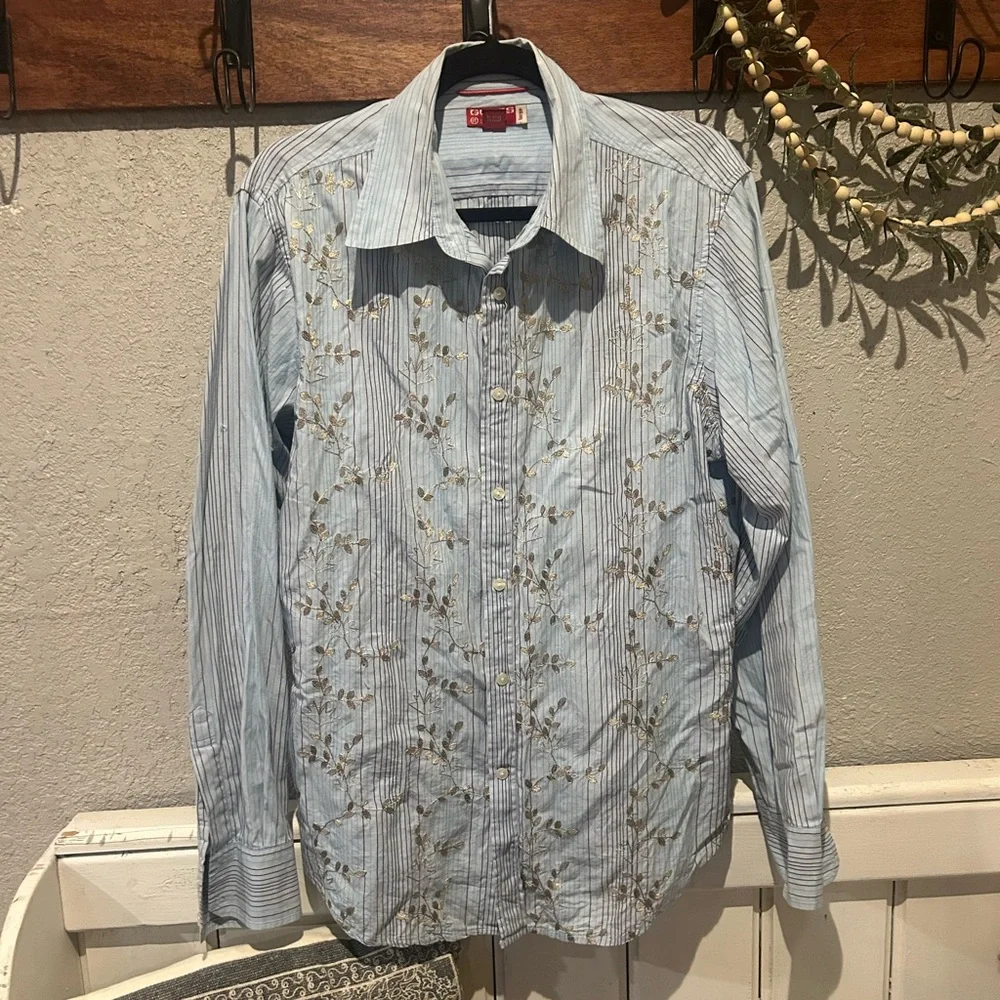 Guess Button Up Shirt Long Sleeve Mens L Blue Striped Embroidered - Picture 2 of 9